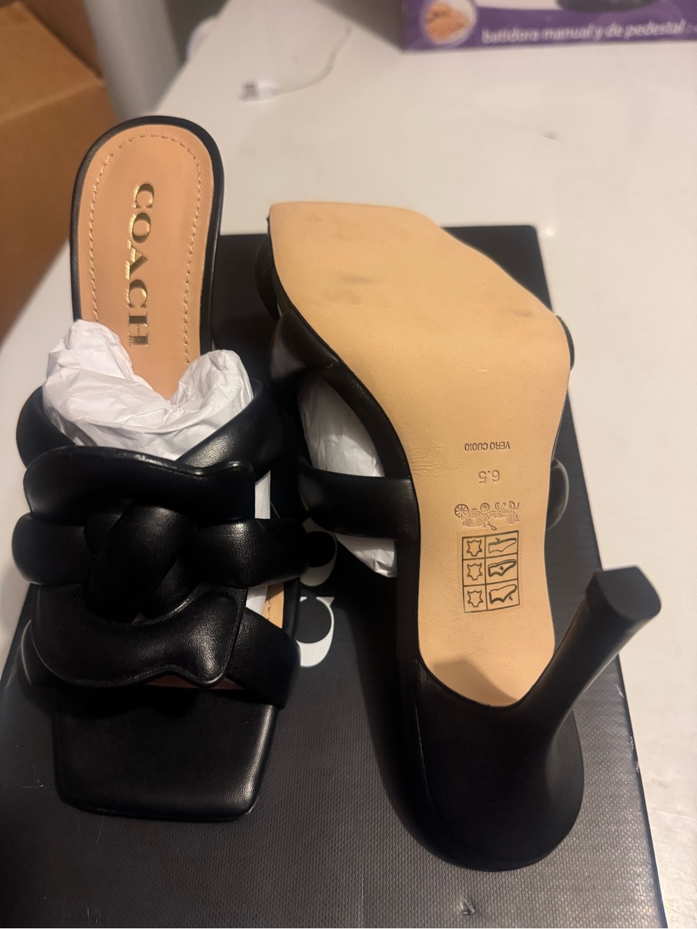 COACH Black Braided Leather Slide Mules - Picture 4 of 4